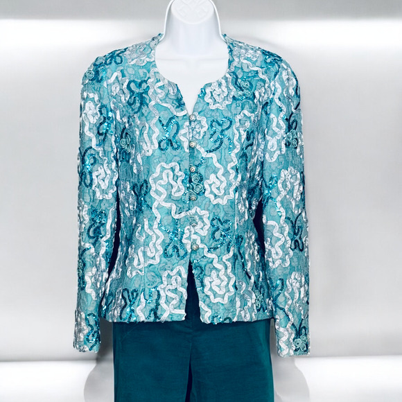 Vintage Anne Crimmins Evening Jacket Turquoise Blue Sequins Lace Glamour Size 4 - Picture 7 of 10